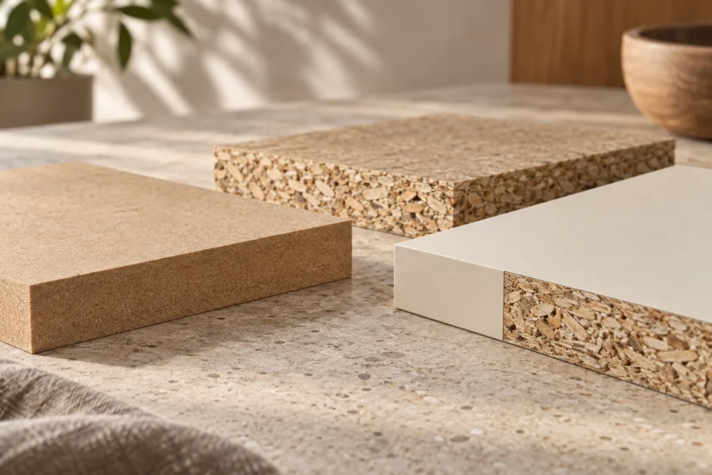 Διατομές MDF, μοριοσανίδας και επενδεδυμένης πλάκας μελαμίνης — ψηφιακή εικόνα έμπνευσης Yiantsi Design